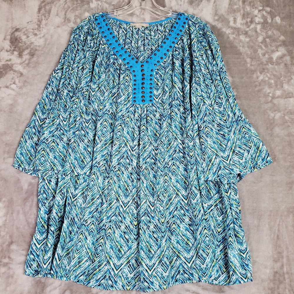 Woman Within Top Womens 18/20 Blue Geo Print 3/4 Flare Sleeve Stud‎ Pleated Boho